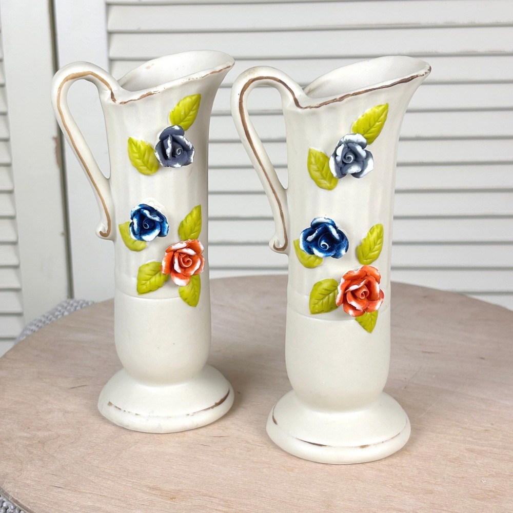 UCGC 60s Cream Capodimonte Vase Pair Orange Cobalt Blue Floral Pitcher MCM Decor